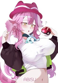 1girl ? animal_ears artist_name bare_shoulders between_breasts black_jacket blush breasts chattino_(raora_panthera) commentary cosplay covered_erect_nipples eyeshadow fromabisu green_jacket harmony_(pokemon) harmony_(pokemon)_(cosplay) hat highres holding holding_poke_ball hololive hololive_english jacket large_breasts long_hair makeup midriff multicolored_hair multicolored_jacket navel nintendo open_clothes open_jacket open_mouth panther_ears panther_girl panther_tail pink_eyeshadow pink_hair pink_hat pink_tail poke_ball poke_ball_(basic) pokemon pokemon_legends:_z-a raora_panthera revision shirt simple_background stomach streaked_hair tail teeth two-tone_hair two-tone_jacket upper_teeth_only virtual_youtuber white_background white_shirt yellow_eyes