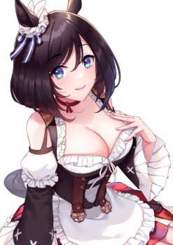 1girl akatsuki_(kuon) animal_ears apron bare_shoulders black_hair blue_eyes blush bob_cut bodice bow breasts choker cleavage closed_mouth collarbone commentary_request detached_sleeves dirndl ear_ornament ear_ribbon ear_scrunchie eishin_flash_(meisterschaft)_(umamusume) eishin_flash_(umamusume) frills german_clothes hair_between_eyes horse_ears horse_girl horse_tail large_breasts looking_at_viewer red_choker red_skirt scrunchie shirt short_hair simple_background skirt smile solo striped_clothes striped_skirt swept_bangs tail umamusume vertical-striped_clothes vertical-striped_skirt waist_apron white_apron white_background white_scrunchie white_shirt