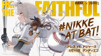 2girls alternate_costume baseball baseball_bat baseball_glove baseball_uniform batting_stance black_nails blanc_(nikke) blanc_(no._77_batter)_(nikke) blunt_bangs brown_hair copyright_name dark_skin from_side gloves goddess_of_victory:_nikke hair_intakes highres holding holding_baseball_bat multiple_girls multiple_views noir_(baseball_cheerleader)_(nikke) noir_(nikke) official_art pitching ponytail san_diego_padres second-party_source sidelocks sportswear standing standing_on_one_leg striped_clothes thighhighs throwing white_hair wristband yellow_eyes