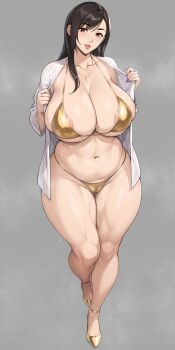 1girl alternate_body_size bikini black_hair breasts cameltoe cleavage collarbone commentary_request curvy final_fantasy final_fantasy_vii full_body gold_bikini grey_background high_heels highres huge_breasts jewelry lips long_hair long_sleeves looking_at_viewer mature_female micro_bikini nanabe_78 navel parted_lips pendant plump purple_nails red_eyes revision ring shirt sidelocks simple_background smile solo standing sweat swimsuit thick_thighs thighs tifa_lockhart underboob wet white_shirt