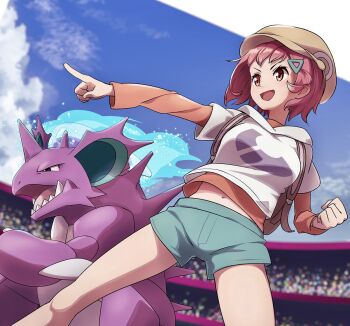 1girl bag blossom_(pokemon) clenched_hand commentary_request crowd gen_1_pokemon hair_ornament hat long_sleeves midriff_peek miu_(angelo_whitechoc) nidoking nintendo open_mouth orange_shirt pointing pokemon pokemon_(anime) pokemon_(creature) poketoon shirt short_hair shorts stadium