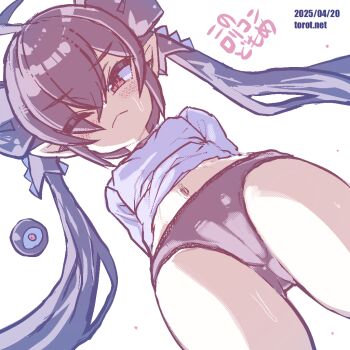 1girl ;< ahoge arms_behind_back backbeako_(torotei) backbeard black_hair black_ribbon blush breasts buruma cameltoe closed_mouth commentary cowboy_shot dated dated_commentary dutch_angle eyes_visible_through_hair gegege_no_kitarou gym_shirt gym_uniform hair_over_one_eye hair_ribbon kono_lolicon_domome loli long_hair looking_at_viewer midriff navel one_eye_closed original paid_reward_available pointy_ears red_eyes ribbon shirt simple_background small_breasts solo sweat thighs torotei translated twintails watermark web_address white_background white_shirt