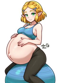 1girl artist_logo ball black_pants blonde_hair blue_sports_bra braid breasts cleavage closed_mouth commentary crown_braid english_commentary exercise_ball feet_out_of_frame green_eyes hands_on_own_stomach highres logo looking_at_viewer medium_breasts nintendo pants pregnant princess_zelda rotomdocs short_hair signature sitting smile solo sports_bra the_legend_of_zelda the_legend_of_zelda:_tears_of_the_kingdom white_background yoga_pants