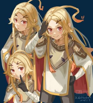 1girl :t ahoge artist_name black_gloves blonde_hair blush closed_mouth facial_mark from_above gloves gold_trim grin hand_on_own_face hand_on_own_hip hand_to_own_mouth hashtag-only_commentary highres huge_ahoge long_hair long_sidelocks looking_at_viewer multicolored_hair multiple_views niao_de open_mouth orange_hair parted_bangs poncho pout red_eyes salute sidelocks simple_background smile teeth teoritta twitter_username very_long_hair yuushakei_ni_shosu