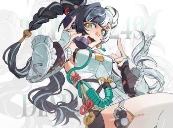 1girl bare_shoulders black_hair blush braid braided_twintails china_dress chinese_clothes corded_phone detached_sleeves dialyn_(zenless_zone_zero) double_bun dress hair_bun hair_extensions hair_ornament hairclip hand_up hashtag-only_commentary highres index_finger_raised kanalit5 leg_up long_hair looking_at_viewer multicolored_hair necktie open_mouth phone ring_hair_extensions solo sparkling_eyes split-color_hair thighhighs upper_body white_background white_hair white_thighhighs wire yellow_eyes yellow_necktie zenless_zone_zero