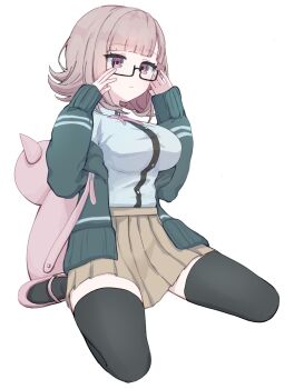 1girl animal_bag black-framed_eyewear breasts brown_hair cat_bag collared_shirt danganronpa_(series) danganronpa_2:_goodbye_despair flipped_hair green_jacket hair_ornament highres hood jacket large_breasts long_sleeves medium_hair nanami_chiaki neck_ribbon no_hair_ornament open_clothes open_jacket pink_bag pink_eyes pink_ribbon pink_shoes pleated_skirt ribbon semi-rimless_eyewear shirt shoes simple_background skirt solo thighhighs two-tone_shirt white_background white_shirt yura_02551