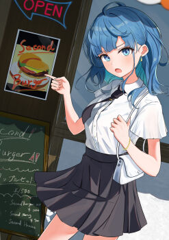 1girl :o ahoge armlet bag black_necktie black_skirt blue_eyes blue_hair blush burger collared_shirt commentary_request earrings food gold_earrings hair_behind_ear highres jewelry looking_at_viewer make_heroine_ga_oo_sugiru! medium_hair necktie neon_lights open_mouth outdoors pleated_skirt poster_(object) sayu_(user_yjsz2885) shirt shirt_tucked_in shoulder_bag skirt white_bag white_shirt yanami_anna