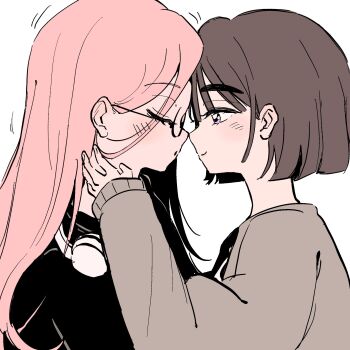 2girls alien_stage black_hair black_sweater bob_cut closed_eyes coldmeow commentary glasses grey_sweater headphones headphones_around_neck highres imminent_kiss long_hair mizi_(alien_stage) multiple_girls pink_hair purple_eyes sua_(alien_stage) sweater yuri