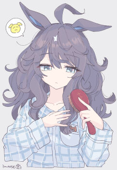 1girl ahoge alternate_costume animal_ears artist_name blue_eyes blush breasts commentary_request daring_tact_(umamusume) fluffy hair_between_eyes hair_ornament highres horse_ears inutose long_hair looking_at_viewer medium_breasts messy_hair pajamas umamusume