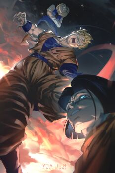 1girl 2boys amputee android_17 android_18 battle black_hair black_pantyhose black_shirt blonde_hair blue_eyes blue_shirt blue_skirt blue_vest crossed_arms denim denim_skirt denim_vest dougi dragon_ball dragonball_z explosion green_eyes highres midair multiple_boys muscular muscular_male orange_pants orange_shirt pants pantyhose shirt short_hair skirt son_gohan son_gohan_(future) spiked_hair terminal_000 vest