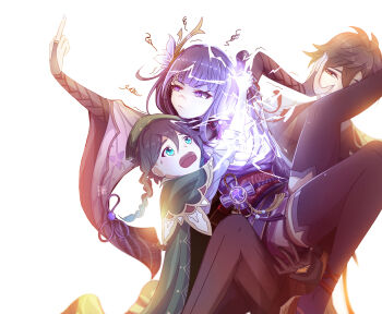 1girl 2boys absurdres anger_vein annoyed arm_up black_thighhighs blue_pupils blunt_bangs braid bridal_gauntlets brown_eyes brown_gloves brown_hair brown_jacket brown_pants brown_suit capelet carrying carrying_person chinese_commentary closed_mouth electricity eyeliner flower flower_ornament formal_clothes friends genshin_impact glaring gloves glowing gradient_hair green_capelet green_eyes green_hair green_hat grey_hair hair_between_eyes hair_ornament hand_on_another&#039;s_face hat highres human_scabbard jacket japanese_clothes kimono late-yesterday leaning_on_person leaning_to_the_side long_braid long_hair long_sleeves low_ponytail makeup middle_finger mitsudomoe_(shape) mole mole_under_eye multicolored_eyes multicolored_hair multiple_boys musou_isshin_(genshin_impact) neck_ribbon off_shoulder open_mouth pants ponytail purple_eyes purple_flower purple_hair purple_kimono purple_nails pushing_away raiden_shogun red_eyeliner red_ribbon red_sash ribbon sash shade shaded_face short_hair side_braids single_braid sleeves_rolled_up squiggle standing suit sweatdrop thick_thighs thighhighs thighs tomoe_(symbol) trembling venti_(genshin_impact) white_background worried zhongli_(genshin_impact)