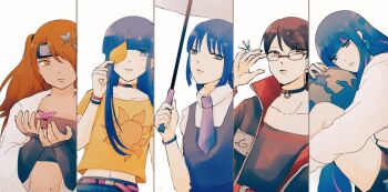 5girls ada_(boruto) akimichi_chouchou bandeau black_bandeau black_choker black_eyes black_hair black_headband black_jacket blue_eyes blue_hair blunt_bangs boruto:_two_blue_vortex bug butterfly choker column_lineup covering_one_eye dragonfly expressionless forehead_protector globe headband holding holding_leaf holding_umbrella insect jacket kakei_sumire leaf light_frown multiple_girls naruto_(series) navel necktie orange_eyes orange_hair pink_hair purple_necktie short_hair third-party_source uchiha_sarada umbrella uzumaki_himawari wristband yumaeui