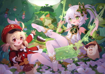 2girls :d absurdres ahoge aranara_(genshin_impact) bare_shoulders blonde_hair blush newsboy_cap commentary_request cross-shaped_pupils dress feathers genshin_impact gradient_hair green_eyes green_hair hair_between_eyes hands_up hat hat_feather highres klee_(genshin_impact) long_sleeves low_twintails multicolored_hair multiple_girls nahida_(genshin_impact) no_shoes on_swing open_mouth pantyhose pointy_ears puffy_long_sleeves puffy_sleeves red_dress red_eyes red_headwear side_ponytail sitting sleeveless sleeveless_dress smile socks socks_over_pantyhose soles stirrup_legwear swing symbol-shaped_pupils toeless_legwear transparent tsubasa_tsubasa twintails white_feathers white_pantyhose white_socks