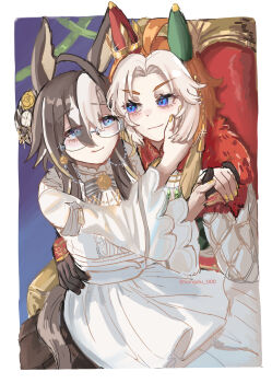 2girls ahoge animal_ears black_gloves blue_eyes blush bow closed_mouth coat crown dream_journey_(snow-white_dreamland)_(umamusume) dress ear_covers ear_ornament ear_through_crown eyewear_strap fur-trimmed_coat fur_trim glasses gloves hair_between_eyes hair_bun hand_on_another&#039;s_cheek hand_on_another&#039;s_face highres holding_hands horse_ears horse_girl horse_tail long_hair long_sleeves mismatched_ear_covers multicolored_hair multiple_girls official_alternate_costume orange_hair orfevre_(umamusume) sitting sitting_on_lap sitting_on_person sitting_on_throne smile songdu tail two-tone_hair umamusume white_coat white_dress white_hair