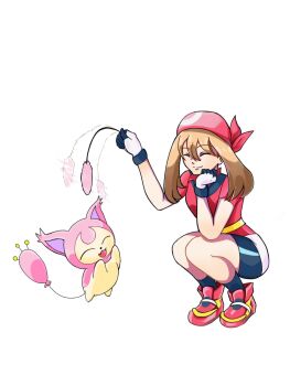 bandana bike_shorts bike_shorts_under_shorts brown_hair cat_teaser closed_eyes gen_3_pokemon gloves headband highres may_(pokemon) niji_ando nintendo open_mouth pokemon pokemon_(creature) pokemon_rse red_bandana red_shirt shirt shoes shorts shorts_under_shorts skitty smile sneakers solo squatting white_background ych_commission