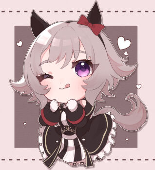 1girl absurdres animal_ears bare_shoulders blush bow breasts chibi chibi_only closed_mouth coat curren_chan_(fille_eclair)_(umamusume) curren_chan_(umamusume) dress ear_bow ear_covers gloves grey_hair hair_between_eyes heart highres horse_ears horse_girl horse_tail kurumiya_(krmy_p) long_sleeves looking_at_viewer off-shoulder_coat off-shoulder_dress off-shoulder_jacket off_shoulder one_eye_closed purple_eyes red_bow short_hair simple_background smile solo striped_clothes striped_dress tail tongue tongue_out umamusume vertical-striped_clothes vertical-striped_dress white_gloves