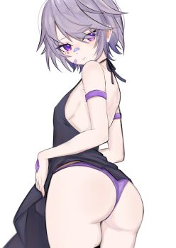 1girl absurdres ass back backless_dress backless_outfit bad_source bandaid bandaid_on_face bandaid_on_nose bare_back black_dress breasts dorahd01 dress face_jewel from_behind gem halter_dress halterneck hand_jewel highres hololive hololive_english jewel_under_eye koseki_bijou koseki_bijou_(casual) looking_at_viewer looking_back official_alternate_costume panties purple_eyes purple_gem purple_hair purple_nails purple_panties short_hair sideboob simple_background sleeveless sleeveless_dress small_breasts solo underwear virtual_youtuber white_background