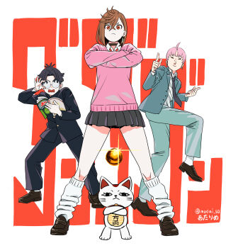 Rule 34 | 2boys, 2girls, adjusting eyewear, ayase momo, ball, black hair, black jacket, black necktie, black pants, blue jacket, book, bow, bowtie, brown hair, brown shoes, cat, closed mouth, collared shirt, copyright name, crossed arms, crossed bangs, dandadan, double finger gun, earrings, enjoji jin, finger gun, full body, gakuran, glasses, glint, grey pants, gyaru, hair behind ear, hashtag-only commentary, highres, holding, holding book, jacket, jewelry, kami high school uniform, knees, long sleeves, looking at viewer, loose socks, maneki-neko, miniskirt, multiple boys, multiple girls, necktie, open clothes, open jacket, open mouth, pants, pink hair, pink sweater, pleated skirt, puckered lips, red bow, red bowtie, red eyes, round eyewear, school uniform, shirt, shirt under sweater, shoes, short hair, sickpoly7188, skirt, socks, standing, straight-on, sweater, takakura ken (dandadan), thighs, turbo granny (dandadan), twitter username, white shirt, white socks