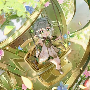 1girl :d bare_shoulders blue_flower commentary cross-shaped_pupils detached_sleeves dress flower full_body genshin_impact gold_trim gradient_hair green_eyes green_hair green_sleeves hair_between_eyes hair_ornament highres leaf_hair_ornament long_hair looking_at_viewer multicolored_hair nahida_(genshin_impact) new_(new_gnsn) open_mouth pink_flower pointy_ears side_ponytail sitting sleeveless sleeveless_dress smile solo stirrup_legwear symbol-shaped_pupils toeless_legwear toes white_dress white_hair
