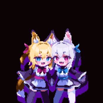 2girls animal_ear_fluff animal_ears animated animated_gif apron birdman46049238 black_background black_dress black_thighhighs blonde_hair blue_eyes blue_ribbon blue_sash dancing dress fox_ears fox_girl fox_shadow_puppet fox_tail hair_between_eyes hair_ribbon highres holding_hands long_hair looking_at_viewer looping_animation maid maid_apron multiple_girls one_eye_closed open_mouth original pixel_art puffy_sleeves red_eyes red_ribbon red_sash ribbon sash shadow simple_background smile tail teeth thighhighs white_apron white_hair white_thighhighs winking_(animated)