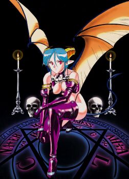 00s bat_wings blue_hair candle carrera cleavage_cutout clothing_cutout demon demon_girl demon_wings halterneck high_heels highres jewelry kneeling red_eyes shoes skull sogna summoning tail thighhighs viper_(series) viper_gts wings