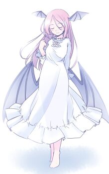 Rule 34 | 1girl, alternate costume, barefoot, closed eyes, closed mouth, commentary request, demon wings, dress, flower on chest, frilled dress, frills, head wings, koakuma, light blush, long dress, long hair, long sleeves, low wings, odaibako, rangycrow, red hair, see-through silhouette, smile, solo, split mouth, touhou, white background, white dress, wings