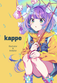 1girl :3 animal_ear_fluff animal_ears aqua_boots aqua_eyes aqua_hair aqua_nails artist_name blue_shorts blush boots bow cat_ears commentary_request english_text fang gradient_hair green_eyes highres hirayama_kanna holding holding_umbrella hood hoodie long_hair long_sleeves multicolored_eyes multicolored_hair nail_polish orange_background orange_eyes orange_hoodie original overalls pink_boots pink_eyes pink_hair polka_dot polka_dot_bow print_umbrella purple_hair rainbow shorts sky_print slit_pupils solo squatting streaked_hair teruterubouzu umbrella very_long_hair water_drop