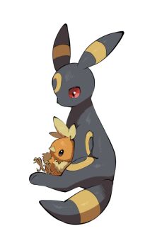 animal_focus animal_hands baby_animal bird black_fur brown_eyes chick facial_mark feathers forehead_mark full_body gen_2_pokemon gen_3_pokemon looking_at_another nintendo no_humans orange_feathers pokemon pokemon_(creature) pokemon_focus red_eyes simple_background sitting torchic two-tone_fur umbreon white_background yellow_feathers yellow_fur yumeminoideyu2