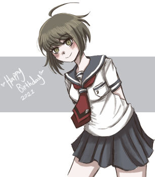 1girl :> ahoge arms_behind_back axolotl-anne blue_sailor_collar blue_skirt blush breast_pocket closed_mouth collared_shirt commentary cowboy_shot danganronpa_(series) danganronpa_another_episode:_ultra_despair_girls dated english_commentary eyelashes green_eyes green_hair happy_birthday heart naegi_komaru necktie pocket red_necktie sailor_collar school_uniform serafuku shirt short_hair skirt smile solo split_mouth two-tone_background white_shirt