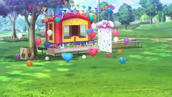 Rule 34 | balloon, basketball court, basketball hoop, bench, blurry, bouncy house, building, cake, cloud, cloudy sky, dappled sunlight, day, depth of field, dirt road, drink, fence, food, fruit bowl, gift, grass, grill, heart balloon, highres, iron fence, lamppost, no humans, non-web source, official art, our life: beginnings and always, park, park bench, pennant, photo booth, plate, road, scenery, sky, sunlight, tablecloth, tree