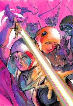 1970s_(style) 1girl 4boys bodysuit cape fighting_stance gatchaman green_hair gun helmet highres holding holding_gun holding_sword holding_weapon holding_whip ippei_kuri jinpei_the_swallow joe_the_condor jumping jun_the_swan ken_the_eagle lipstick looking_at_viewer makeup multiple_boys neon_lights official_art oldschool parted_lips retro_artstyle ryu_the_owl scan shaded_face skirt smile sword tatsunoko_production teamwork traditional_media weapon