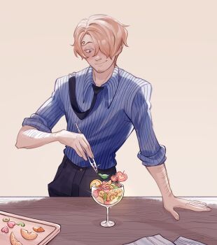 1boy arm_hair black_necktie black_pants blue_eyes blue_shirt commission cowboy_shot curly_eyebrows facial_hair goatee hair_over_one_eye highres male_focus necktie one_piece pants r_oci_0 sanji_(one_piece) shirt simple_background solo striped_clothes striped_shirt vertical-striped_clothes vertical-striped_shirt