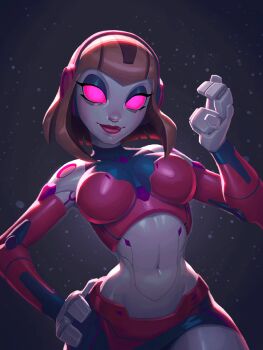 1girl fewer_digits android animated animated_gif bare_shoulders bra breasts brown_hair cleavage courtney_gears cowboy_shot glowing glowing_eyes headphones heart humanoid_robot looking_at_viewer midriff navel no_pupils pink_bra pink_eyes ratchet_&amp;_clank ratchet_&amp;_clank:_up_your_arsenal red_lips robot signature simple_background solo underwear