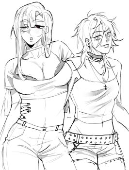 2girls alien_stage belt bra breasts camisole choker commentary crop_top cross cross_necklace english_commentary fang genderswap genderswap_(mtf) highres ivan_(alien_stage) jewelry large_breasts long_hair multiple_girls necklace one_eye_closed open_mouth pants piercing red_pupils rikouto till_(alien_stage) tongue tongue_out tongue_piercing underwear very_long_hair