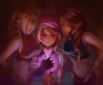 1boy 2girls blonde_hair blue_eyes breasts celia dancer dark_background earrings final_fantasy final_fantasy_tactics final_fantasy_tactics_advance hand_on_own_chest hand_on_own_hip haruhito_(pixiv56745) hat highres jewelry large_breasts lettie llednar_twem long_hair looking_at_viewer midriff multiple_girls navel open_mouth red_headwear sandwiched short_hair smile upper_body yellow_eyes