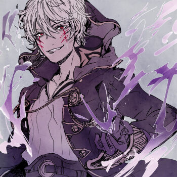 1boy belt evil_smile eyes_of_grima fire_emblem fire_emblem_awakening fire_emblem_heroes gloves grima_(fire_emblem) highres looking_at_viewer male_robin_(fire_emblem) male_robin_(grima)_(fire_emblem) nintendo red_eyes robe smile spell upper_body white_hair wizard xuanlulu