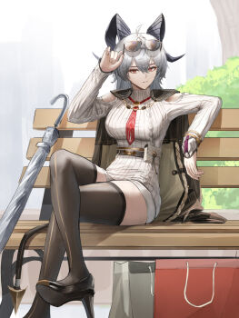 1girl absurdres adjusting_eyewear ahoge angelo_(angeloart26) bag black_horns black_jacket black_shoes black_tail black_thighhighs closed_umbrella clothing_cutout commentary crossed_legs curled_horns dress english_commentary grey_dress grey_shorts hair_between_eyes high_heels highres horns jacket jacket_on_shoulders large_arm long_hair long_sleeves looking_at_viewer official_alternate_costume on_bench parted_lips red_eyes shoes shopping_bag shorts shoulder_cutout sitting solo sunglasses sweater sweater_dress tail thighhighs thighs turtleneck turtleneck_dress umbrella wuthering_waves zani_(downtown_repose)_(wuthering_waves) zani_(wuthering_waves)