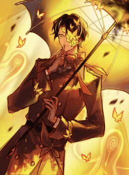 1boy belt black_belt black_hair brown_coat bug butterfly buttons coat cowboy_shot double-breasted finger_to_mouth hand_up highres index_finger_raised insect into_the_sunset_(e.g.o) limbus_company looking_at_viewer parted_bangs porilas2 project_moon rien_(project_moon) shushing solo sunset_wayfarer umbrella yellow_eyes