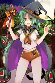1girl bat_hat_ornament black_cape black_tail breasts buruma candy candy_cane cape commentary_request fake_tail food green_eyes green_hair hat hibiki_mio higurashi_no_naku_koro_ni holding holding_candy holding_candy_cane holding_food jack-o'-lantern long_hair looking_at_viewer midriff moon open_mouth ponytail red_buruma sailor_collar shirt short_sleeves smile sonozaki_mion tail tree white_shirt witch_hat