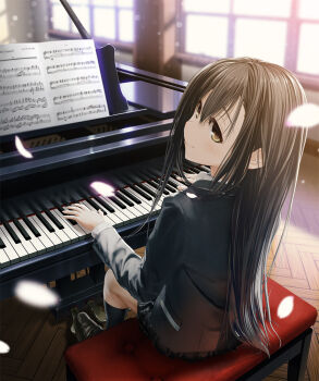 1girl black_jacket blurry blurry_background blush brown_eyes brown_hair cherry_blossoms closed_mouth commentary_request depth_of_field full_body grand_piano hahakigi_hinako hair_between_eyes indoors instrument jacket kneehighs kurono_mitsuki light_smile loafers long_hair long_sleeves looking_at_viewer looking_back mocha_(cotton) piano plaid_clothes plaid_skirt playing_instrument playing_piano re:lief_~shin'ai_naru_anata_e~ school_uniform sheet_music shoes sitting skirt socks solo straight_hair very_long_hair window
