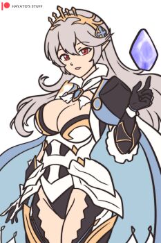 1girl absurdres armor armored_leotard black_leotard breasts cleavage female_corrin_(fire_emblem) female_corrin_(silent_bloodline)_(fire_emblem) crown dragonstone fire_emblem fire_emblem_fates fire_emblem_heroes floating floating_object hayato_stuff highres leotard medium_breasts nintendo official_alternate_costume pointy_ears queen shoulder_armor solo