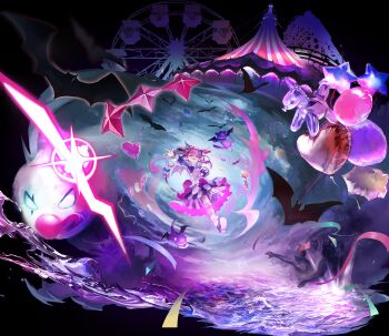 1girl ;3 absurdres arm_up asymmetrical_legwear balloon balloon_animal bat_(animal) bat_wings black_background black_hair bow camila_(vtuber) candy cat cimp_(camila_(vtuber)) circus_tent cloud clown colored_eyelashes confetti dark_background ferris_wheel food frilled_skirt frills full_body glint hat hat_ribbon heart_balloon highres in0ria indie_virtual_youtuber lollipop long_hair long_sleeves mismatched_eyelashes mismatched_legwear monster multicolored_hair one_eye_closed open_mouth party_hat pink_hair pom_pom_(clothes) purple_hat purple_shirt purple_shoes ribbon roller_coaster sharp_teeth shirt shoes skirt smile star_balloon streaked_hair striped_tail swirl_lollipop tail tail_bow tail_ornament teeth twitter_username two_side_up upper_teeth_only virtual_youtuber white_hair wings wrapped_candy