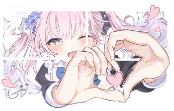 1girl blue_archive blush hair_ornament heart heart_hands long_hair looking_at_viewer mika_(blue_archive) official_alternate_costume official_alternate_hairstyle one_eye_closed open_mouth pink_hair smile solo twintails upper_body white_background yellow_eyes zenmai_0522