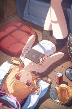 1girl absurdres animal_ear_headphones animal_ears bag_of_chips bare_shoulders black_shorts blonde_hair blue_archive bow camisole can cat_ear_headphones cat_ears chips_(food) chiyo_akira collarbone controller couch drink_can electric_fan fake_animal_ears food game_controller game_development_department_(blue_archive) hair_bow halo hand_fan handheld_game_console headphones highres holding holding_controller holding_handheld_game_console indoors looking_at_viewer lying midriff momoi_(blue_archive) navel nintendo_switch on_back open_mouth pillow pink_halo potato_chips red_bow red_eyes short_hair short_shorts shorts snack soda_can solo spaghetti_strap upside-down white_camisole wooden_floor