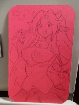 1girl animal_ears borrowed_character breasts breasts_out chetrippo collared_shirt cow_ears cow_girl cow_horns cow_tail cowbell english_text hair_intakes hair_over_shoulder highres horns large_breasts long_hair looking_at_viewer mattie_(ego_trigger) milk_carton nipples no_bra open_mouth original perky_breasts photo_(medium) puffy_areolae shirt sidelocks sketch skirt smile solo tail traditional_media upper_body