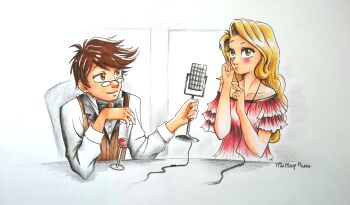 1boy 1girl absurdres alastor_(hazbin_hotel) alastor_(human)_(hazbin_hotel) black_necktie blonde_hair brown_eyes brown_hair brown_vest charlie_morningstar collarbone collared_shirt commentary cup dress drinking_glass english_commentary glasses hazbin_hotel hellaverse highres miamarypunkt microphone necktie red_dress shirt short_hair sleeveless sleeveless_dress table vest white_shirt