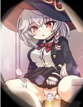 1girl blue_archive bow breasts censored character_censor commentary doodle_sensei_(blue_archive) eri_(blue_archive) hat hayasaka_(neoneet) jewelry novelty_censor paid_reward_available panties panties_around_leg pee peeing red_eyes sensei_(blue_archive) shirt squatting underwear white_shirt witch_hat