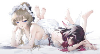 2girls absurdres alternate_costume ass bare_shoulders barefoot black_hair blue_eyes breasts chinese_commentary closed_mouth columbina_(genshin_impact) commentary_request feet genshin_impact hair_wings highres lying medium_breasts multicolored_hair multiple_girls nightgown on_stomach open_mouth phone purple_hair sandrone_(genshin_impact) short_hair_with_long_locks simple_background smile soles swkl:d the_pose toes two-tone_hair white_background white_headdress white_nightgown white_wings wings yuri
