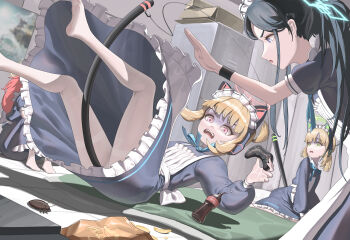 4girls absurdres animal_ear_headphones animal_ears apron aris_(blue_archive) aris_(maid)_(blue_archive) barefoot black_dress black_hair blonde_hair blue_archive blue_eyes bug cat_ear_headphones cat_ears cat_tail chojja cockroach cola controller dress fake_animal_ears fake_tail falling game_controller game_development_department_(blue_archive) green_eyes headphones highres holding holding_controller holding_game_controller insect long_hair long_sleeves maid maid_apron maid_headdress midori_(blue_archive) midori_(maid)_(blue_archive) momoi_(blue_archive) momoi_(maid)_(blue_archive) multiple_girls official_alternate_costume official_alternate_hairstyle pink_eyes ponytail red_hair short_ponytail short_sleeves tail very_long_hair white_apron yuzu_(blue_archive) yuzu_(maid)_(blue_archive)