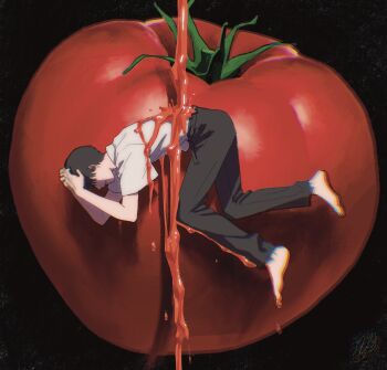 1boy belt black_belt black_hair black_pants collared_shirt commentary_request from_side full_body hand_on_own_head highres hikaru_ga_shinda_natsu male_focus mokumokuren_(mokmok_len) mole mole_on_cheek mole_under_mouth multiple_moles no_shoes official_art oversized_food oversized_object pants shirt short_hair short_sleeves solo tomato tsujinaka_yoshiki white_shirt